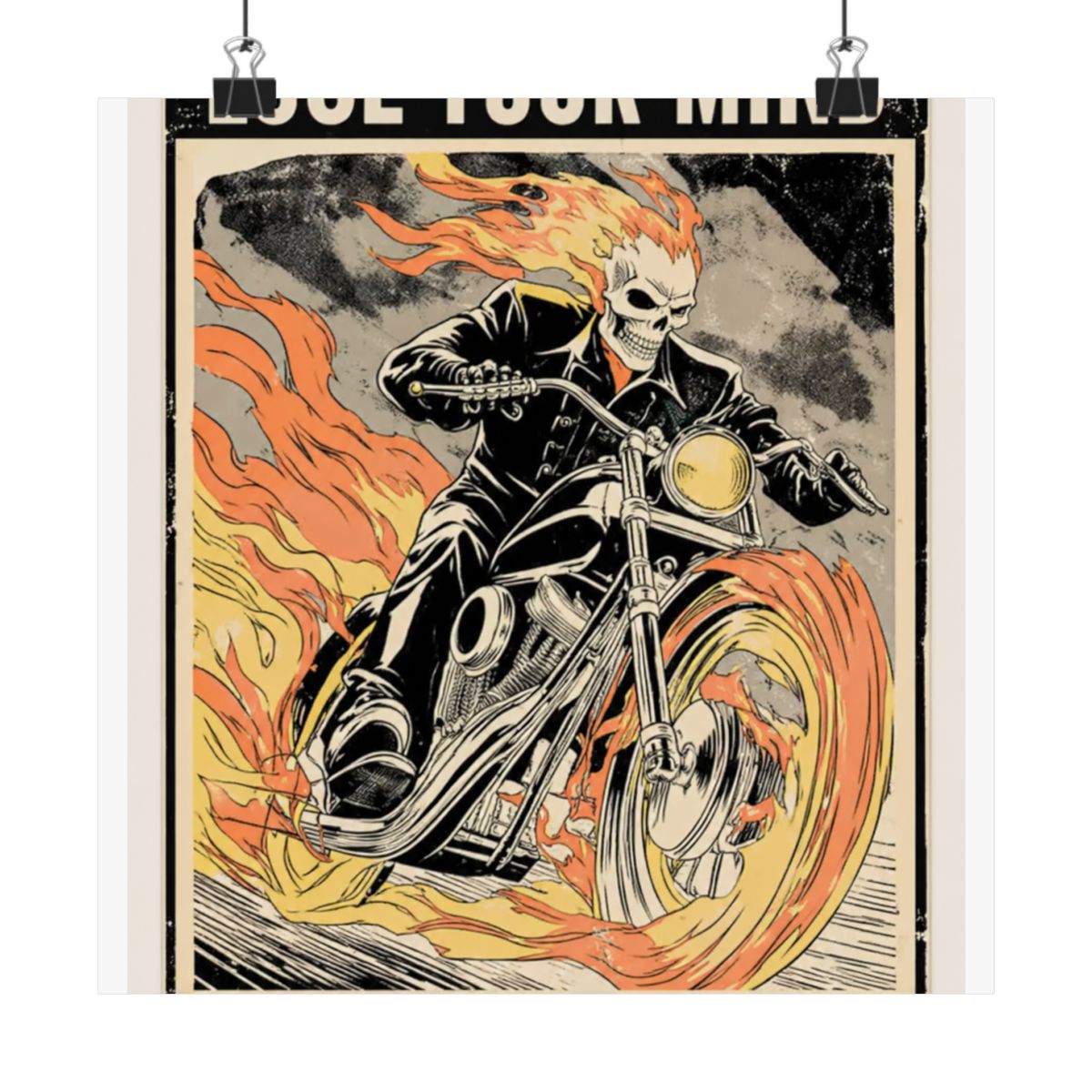 Framed Harley-Davidson poster depicting a flaming skull rider on a motorcycle. The poster includes the text "LOSE YOUR MINDFIND YOUR SOUL" at the bottom, with a vintage, distressed... - alternate angle 4, merchandise